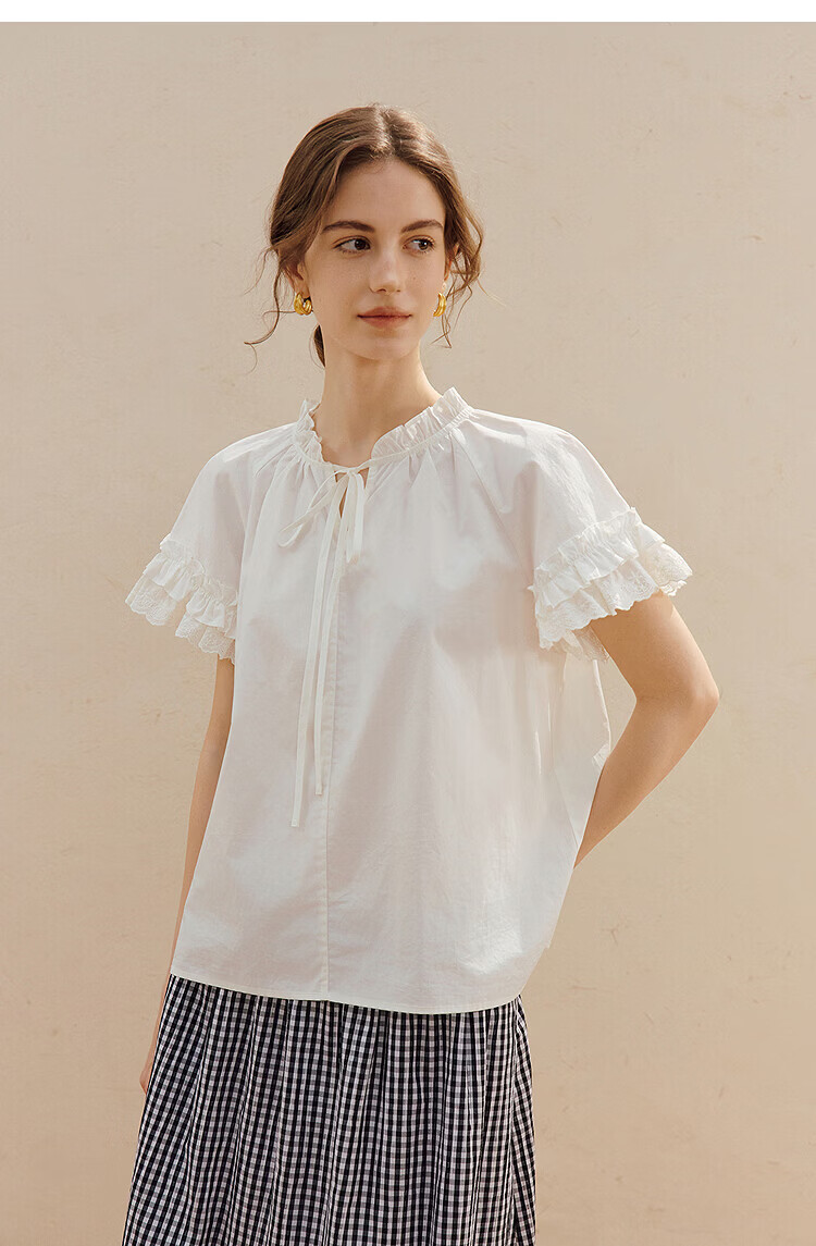 INMAN 100% Xinjiang Cotton Lace-up Ruffle Short Sleeve Shirt 2026 Summer New Loose Women's Top 9